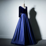 Solvbao Charming Royal Blue Satin with Velvet Long Prom Dress, Bridesmaid Dress