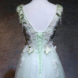 solvbao Beautiful Light Green V-neckline Tulle Party Gown, A-line Tulle Prom Dress