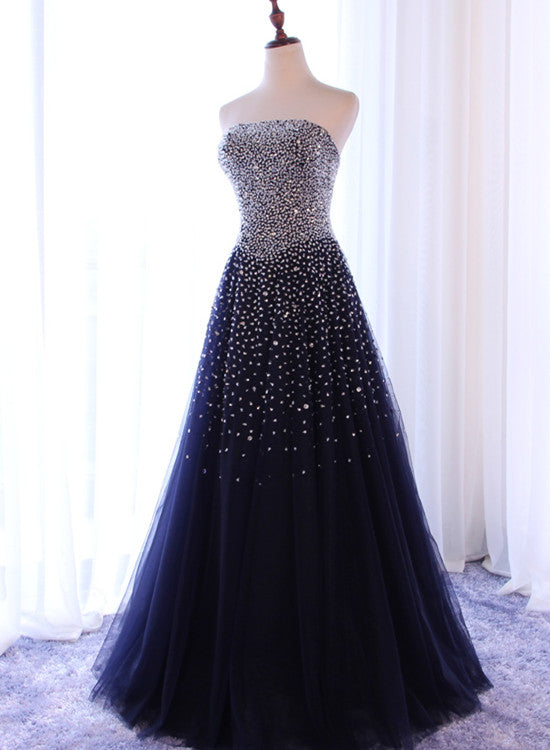 solvbao Sparkle Navy Blue Tulle Long Prom Dress, Prom Dresses 2018, Party Dresses