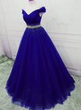 solvbao Elegant Royal Blue Tulle Sequins Prom Dress , A-line Long Party Dress