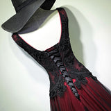 solvbao Gorgeous Black and Red V-neckline Tulle Beaded Prom Dress, Long Evening Gown