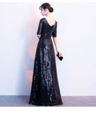 solvbao Black Sequins Floor Length 1/2 Sleeves Wedding Party Dress, Sequins Bridesmaid Dress