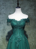 solvbao Dark Green A-line Beaded Long Party Dress, Sweetheart Tulle Green Prom Dress