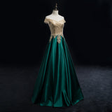 Solvbao Beautiful Satin with Gold Lace Applique Long Party Dress, New Prom Dress