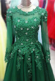 solvbao Long Sleeves Green Tulle Party Dress , Beaded and Lace Prom Dress