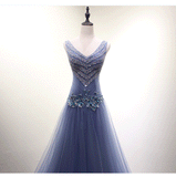 solvbao Beautiful Dark Blue Beaded V-neckline New Style Prom Dress , Long Formal Gowns, Prom Dresses