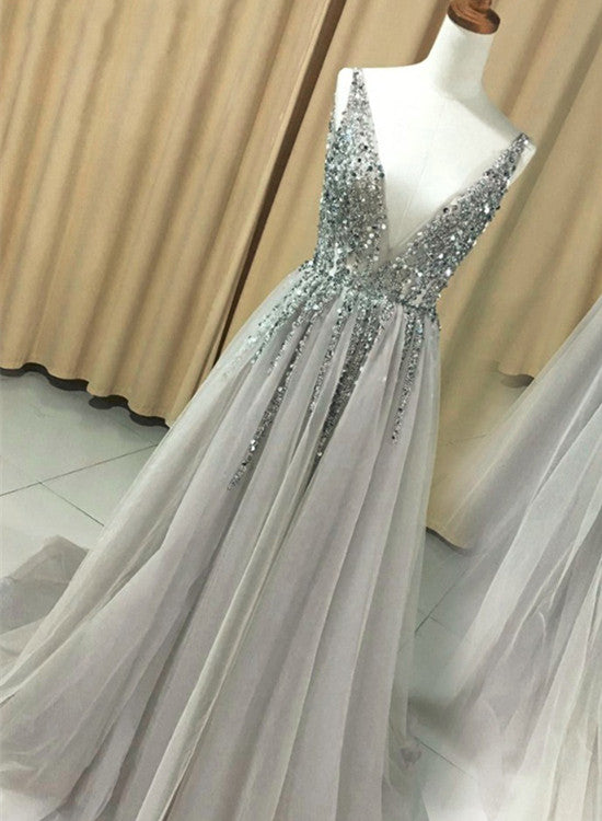 solvbao Grey Prom Dress , Fashionable Tulle Long Party Dress, Formal Dress