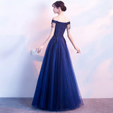 Solvbao Navy Blue Tulle Long Party Dres with Lace Applique, Off Shoulder Long Prom Dress Formal Dress