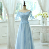 Solvbao Light Blue Tulle Long Party Dress with Sleeves, Lace A-line Blue Bridesmaid Dress