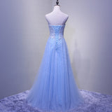 solvbao Light Blue Sparkle Long Formal Gowns, Beaded Party Dresses, Blue Tulle Gowns