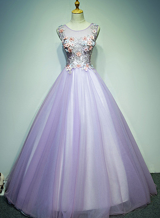 Solvbao Light Purple Tulle Long Sweet 16 Formal Dress with Lace, Purple Prom Dress