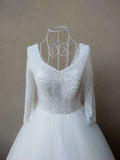 solvbao Beautiful White Pearls and Beadings Long Sleeves Party Dress, White Formal Gown