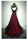 solvbao Gorgeous Black and Red V-neckline Tulle Beaded Prom Dress, Long Evening Gown