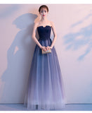 Solvbao Blue Tulle Gradient Long Evening Dress Party Dress, A-line Tulle Bridesmaid Dresses