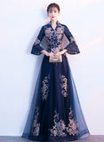 Solvbao Navy Blue Long Sleeves A-line Party Dress, Navy Blue Bridesmaid Dress Prom Dress