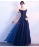 Solvbao Navy Blue Tulle Long Party Dres with Lace Applique, Off Shoulder Long Prom Dress Formal Dress