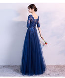 Solvbao Navy Blue Lace and Tulle Lovely Round Neckline Party Dress, A-line Blue Prom Dress Bridesmaid Dress