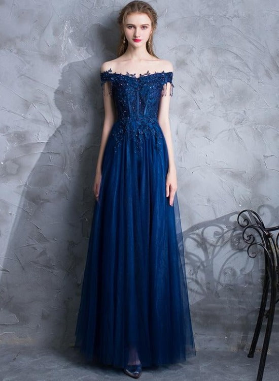 Solvbao Navy Blue Tulle Long Party Dres with Lace Applique, Off Shoulder Long Prom Dress Formal Dress