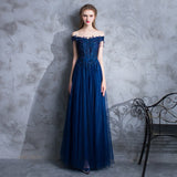 Solvbao Navy Blue Tulle Long Party Dres with Lace Applique, Off Shoulder Long Prom Dress Formal Dress