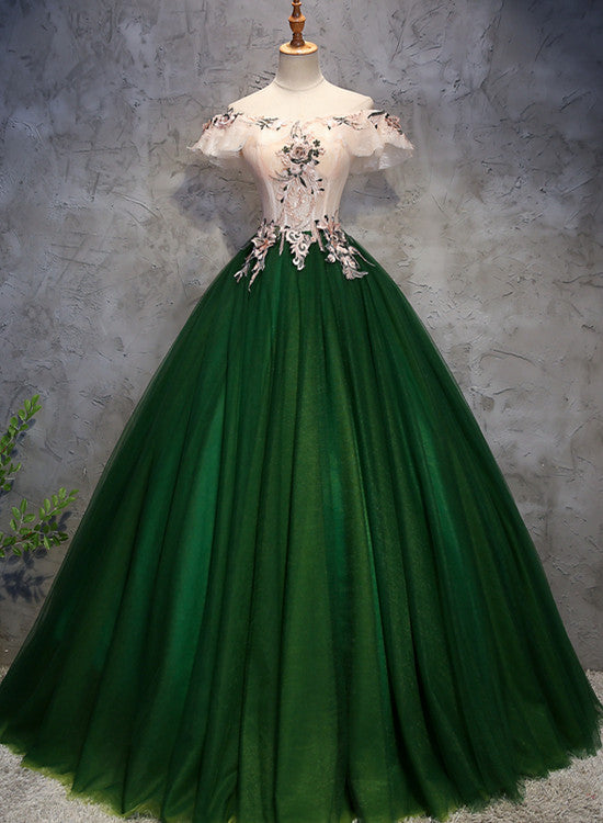 solvbao Dark Green Off Shoulder Tulle Long Party Dress, Sweet 16 Dress