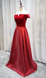 Solvbao Red Velvet and Satin Long Off Shoulder Formal Dress, Beautiful Prom Dress