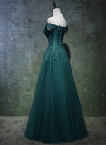 solvbao Dark Green A-line Beaded Long Party Dress, Sweetheart Tulle Green Prom Dress