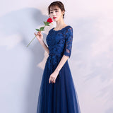 Solvbao Navy Blue Lace and Tulle Lovely Round Neckline Party Dress, A-line Blue Prom Dress Bridesmaid Dress