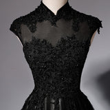 solvbao Elegant High Neckline Black Evening Dress, Tulle with Lace Applique Prom Dress