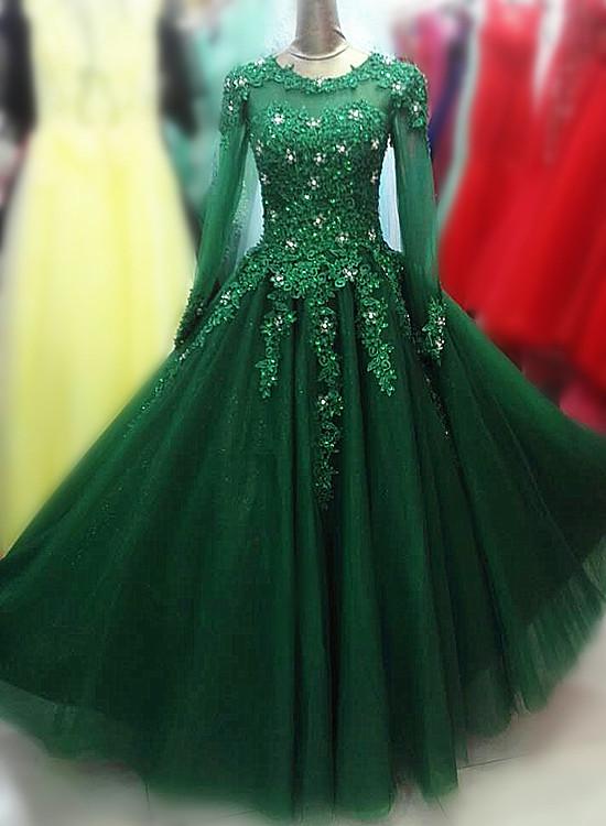 solvbao Long Sleeves Green Tulle Party Dress , Beaded and Lace Prom Dress