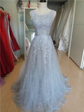 solvbao Charming Grey Tulle Round Neckline Prom Gown , Grey Formal Dress Long