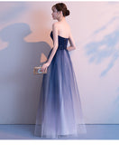 Solvbao Blue Tulle Gradient Long Evening Dress Party Dress, A-line Tulle Bridesmaid Dresses