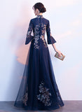 Solvbao Navy Blue Long Sleeves A-line Party Dress, Navy Blue Bridesmaid Dress Prom Dress