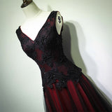 solvbao Gorgeous Black and Red V-neckline Tulle Beaded Prom Dress, Long Evening Gown