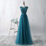 Solvbao Simple Teal Blue Lace and Tulle Bridesmaid Dresss, Long Prom Dress, Party Dress