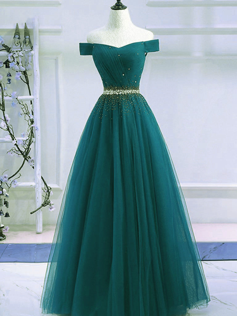 solvbao Pretty Hunter Green Off Shoulder Beaded Prom Dress, Long Evening Dress, Party Dress