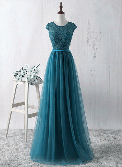 Solvbao Simple Teal Blue Lace and Tulle Bridesmaid Dresss, Long Prom Dress, Party Dress