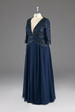 kamahe Navy V-Neck Long Sleeves Lace Appliques Chiffon Prom Dress