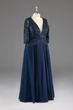 kamahe Navy V-Neck Long Sleeves Lace Appliques Chiffon Prom Dress