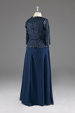 kamahe Navy V-Neck Long Sleeves Lace Appliques Chiffon Prom Dress