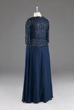 kamahe Navy V-Neck Long Sleeves Lace Appliques Chiffon Prom Dress