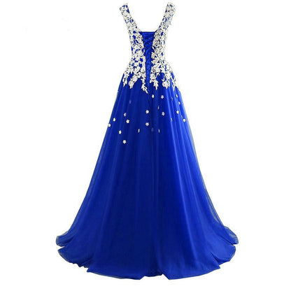 Solvbao Long Blue Tulle Prom Dresses,White Appliques Princess Dress, Wedding Party Dress