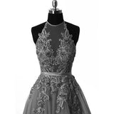 solvbao Grey Halter Lace Applique Tulle Formal Gowns, Grey Party Dresses, Prom Gowns, Formal Dresses