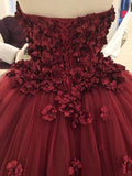 solvbao Gorgeous Handmade Tulle Wine Red Ball Gown Formal Dresses with Flowers, Beautiful Party Gowns