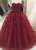 solvbao Gorgeous Handmade Tulle Wine Red Ball Gown Formal Dresses with Flowers, Beautiful Party Gowns