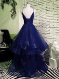 Solvbao Charming Spaghetti Strps Navy Blue Prom Dress , Tulle Layers Long Evening Gown