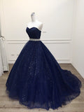 solvbao Navy Blue Shiny Tulle Sweetheart Beaded Waist Long Party Dress, Blue Formal Dress Prom Dress