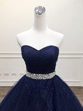 solvbao Navy Blue Shiny Tulle Sweetheart Beaded Waist Long Party Dress, Blue Formal Dress Prom Dress