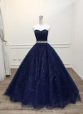 solvbao Navy Blue Shiny Tulle Sweetheart Beaded Waist Long Party Dress, Blue Formal Dress Prom Dress