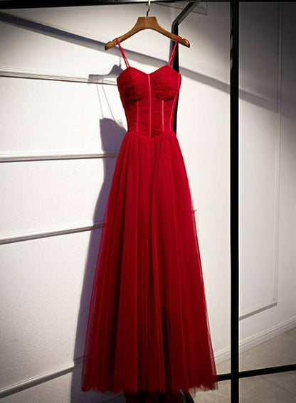 solvbao Wine Red Tulle Straps Long Sweetheart Party Dresses Formal Dresses, A-line Dark Red Evening Dresses