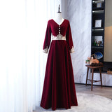 Solvbao Wine Red Velvet A-line Long Sleeves Bridesmaid Dress with Lace, Dark Red Party Dresses